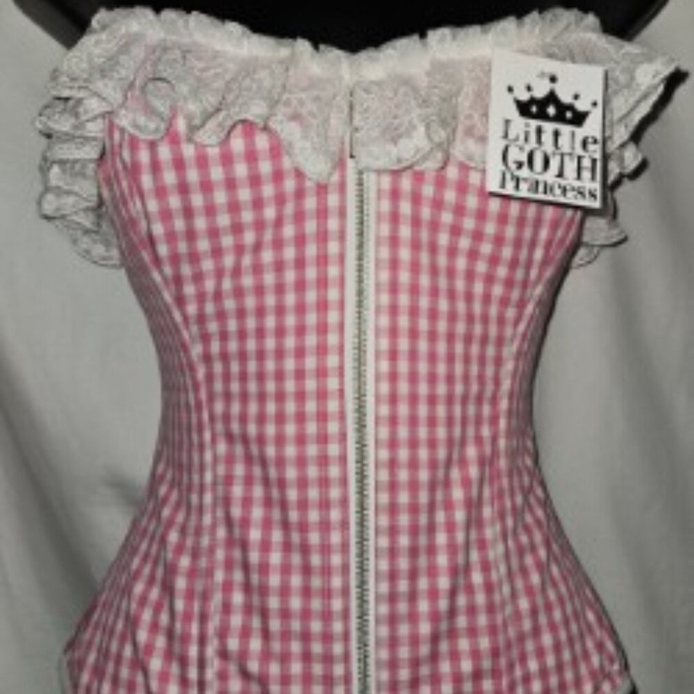 SALE NWT S/24" PINK GINGHAM DAISY DUKE CORSET GARTER TABS TIGHT LACING